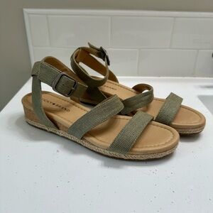 Lucky Brand Wensdei Women’s Cork Wedge Sandals 8.5 Green Woven Tan Strappy Shoes